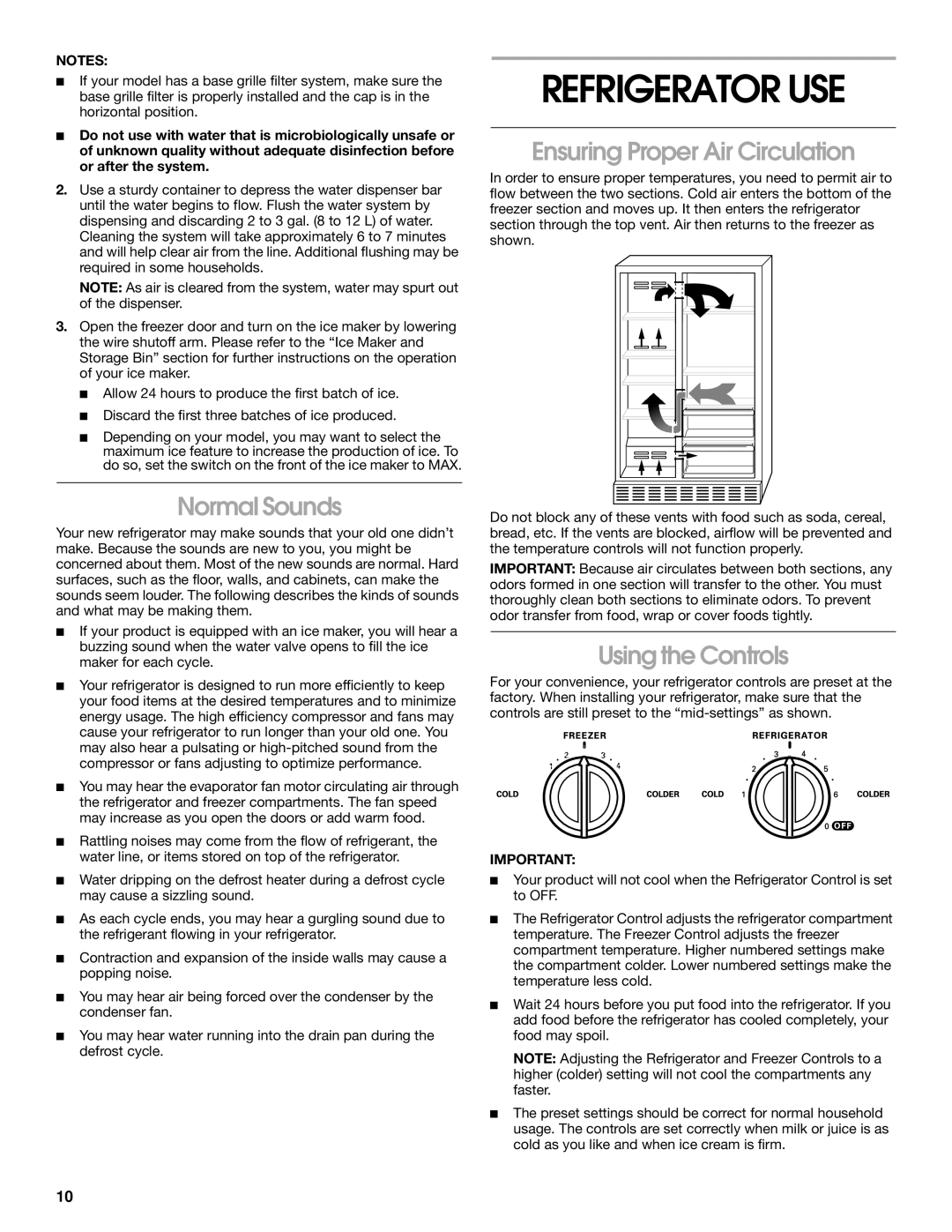 Whirlpool 2188766 manual Refrigerator USE, Normal Sounds, Ensuring Proper Air Circulation, Using the Controls 