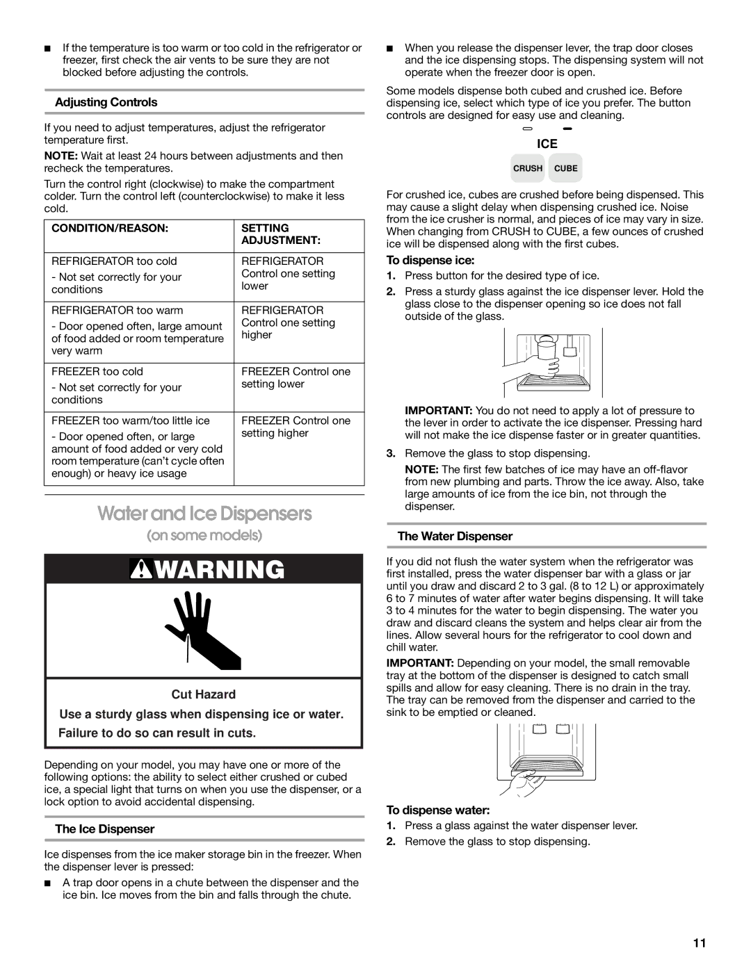 Whirlpool 2188766 manual Water and Ice Dispensers 