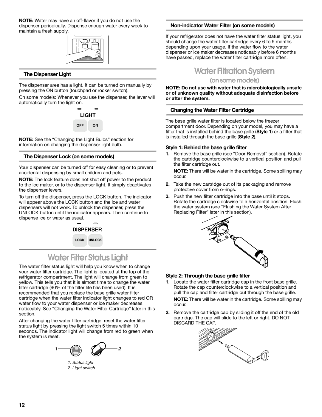 Whirlpool 2188766 manual Water Filter Status Light, Water Filtration System 