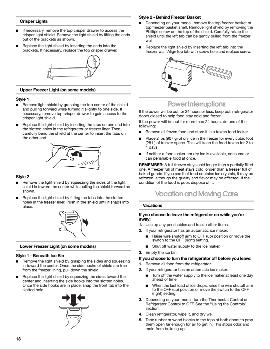 Whirlpool 2188766 manual Power Interruptions, Vacation and Moving Care 