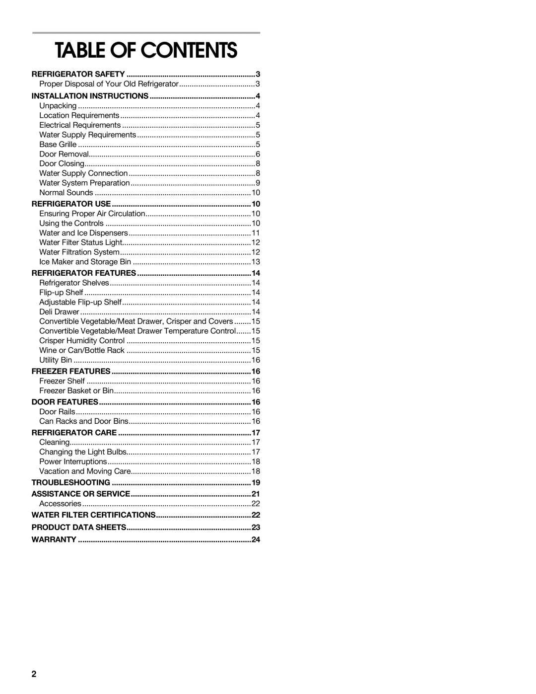 Whirlpool 2188766 manual Table of Contents 