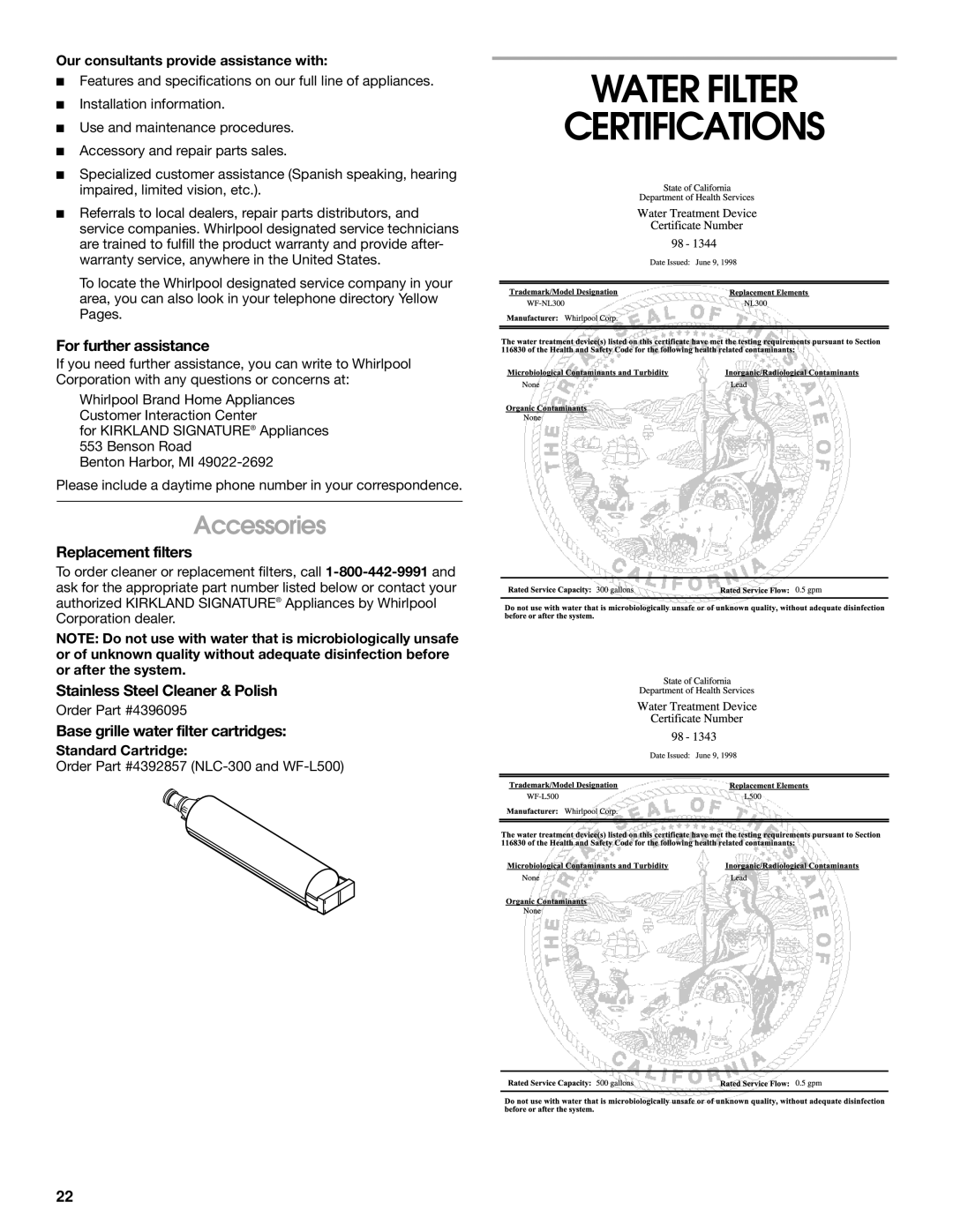 Whirlpool 2188766 manual Water Filter Certifications, Accessories 