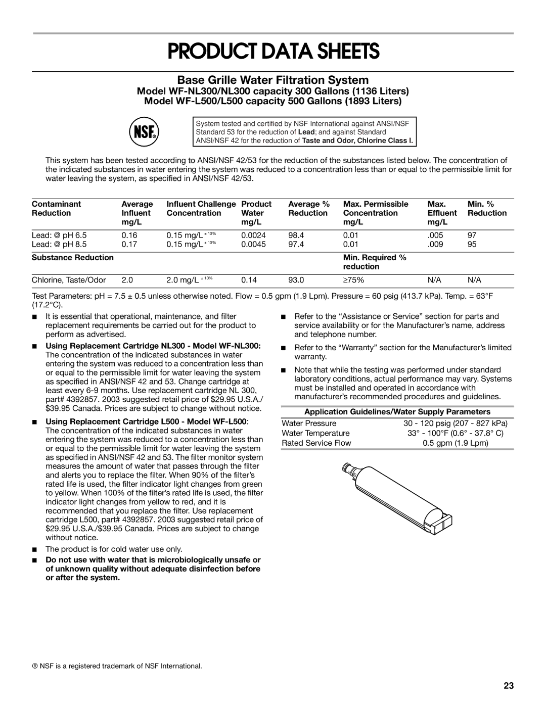 Whirlpool 2188766 Product Data Sheets, Substance Reduction Min. Required %, Application Guidelines/Water Supply Parameters 