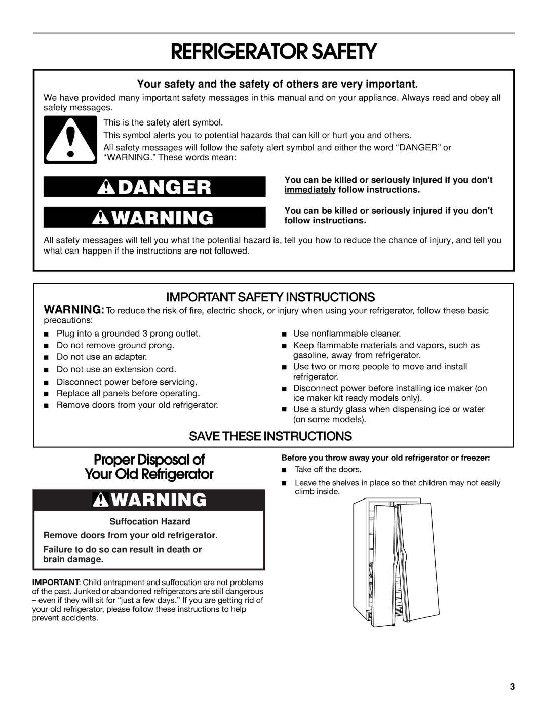 Whirlpool 2188766 manual Refrigerator Safety, Before you throw away your old refrigerator or freezer 