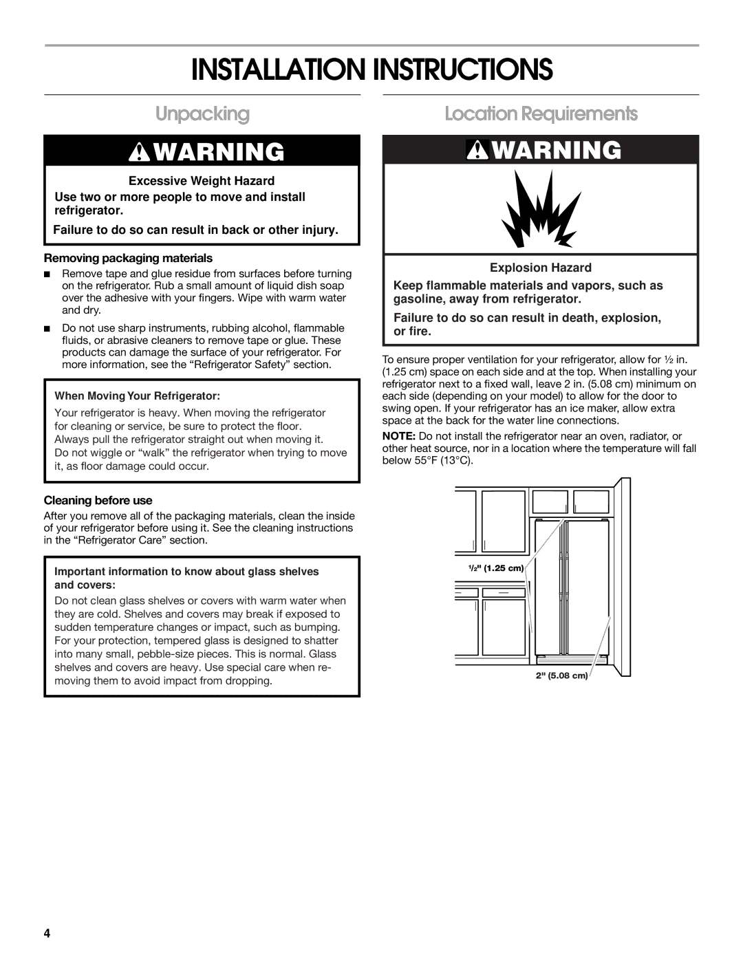 Whirlpool 2188766 manual Installation Instructions, Unpacking, Location Requirements, Cleaning before use 