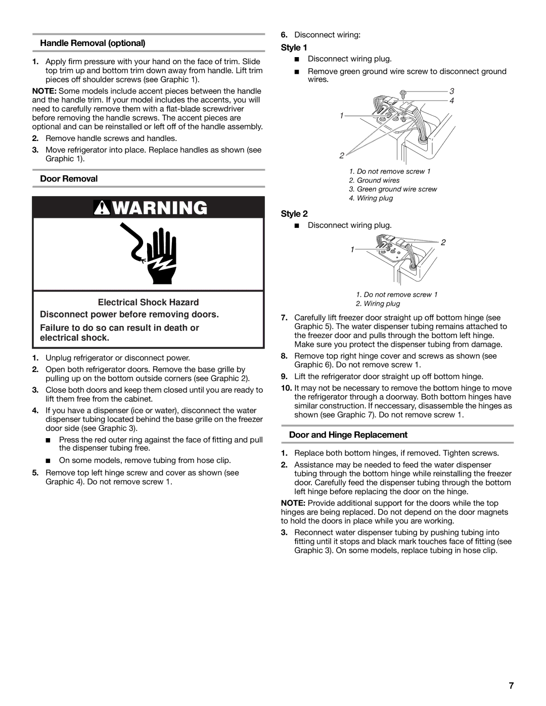 Whirlpool 2188766 manual Handle Removal optional, Style, Door and Hinge Replacement 