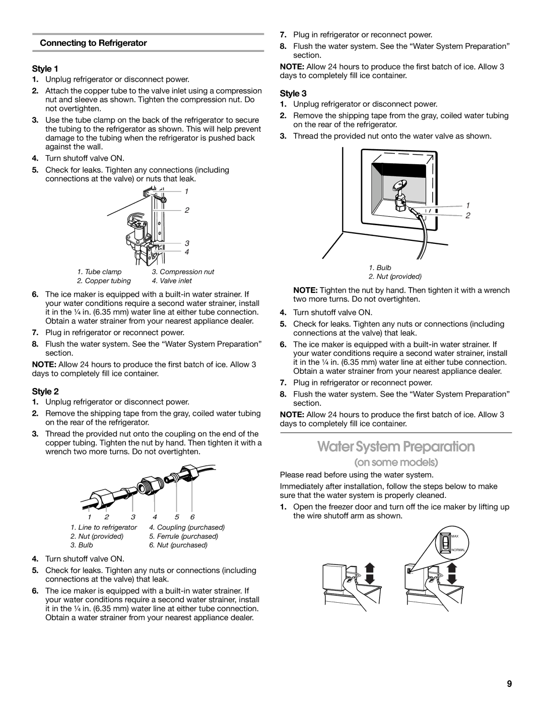 Whirlpool 2188766 manual Water System Preparation, Connecting to Refrigerator Style 