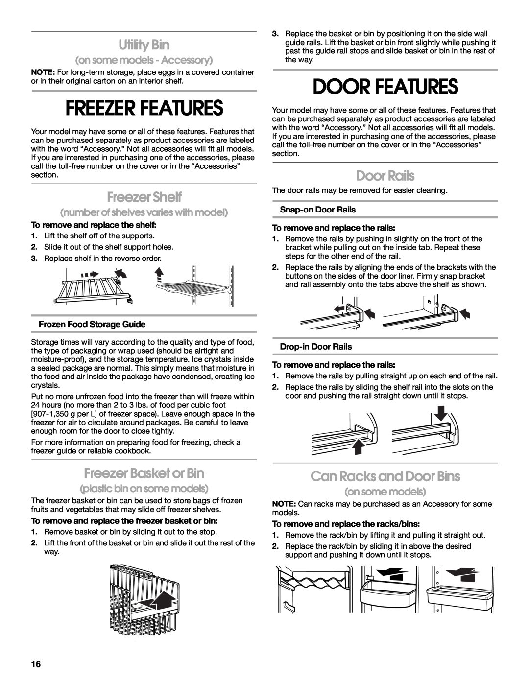Whirlpool 2188766 manual Door Features, Freezer Features, Utility Bin, Freezer Shelf, Door Rails, Freezer Basket or Bin 
