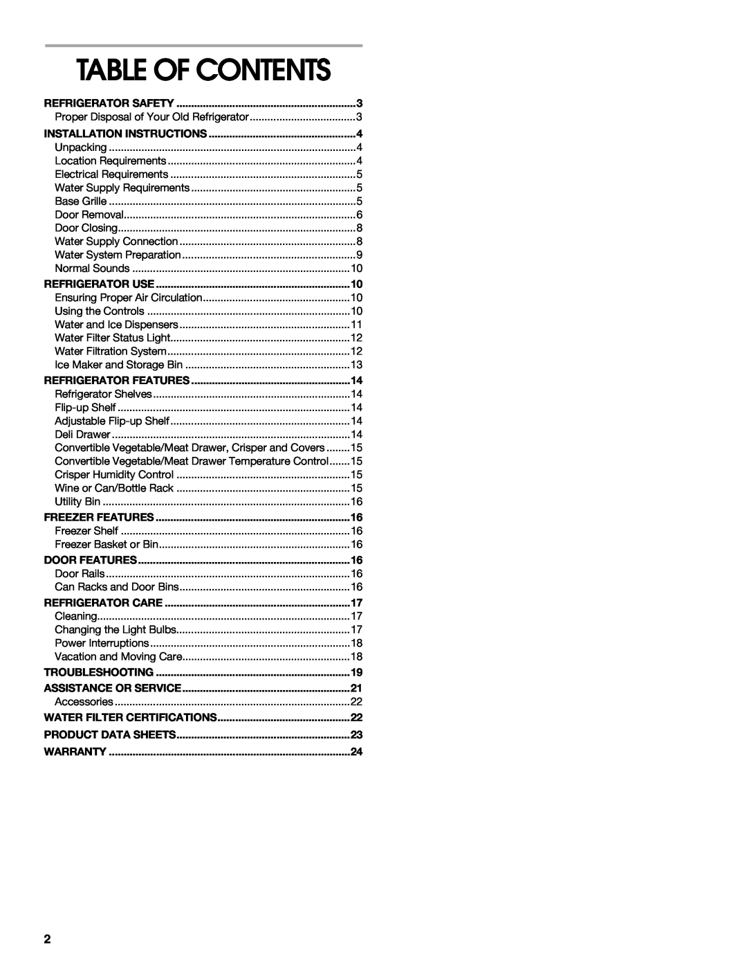 Whirlpool 2188766 manual Table Of Contents 