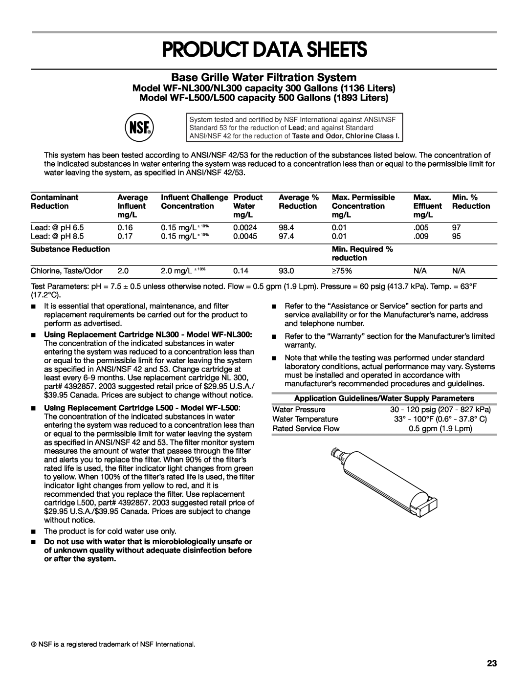 Whirlpool 2188766 manual Product Data Sheets, Base Grille Water Filtration System 