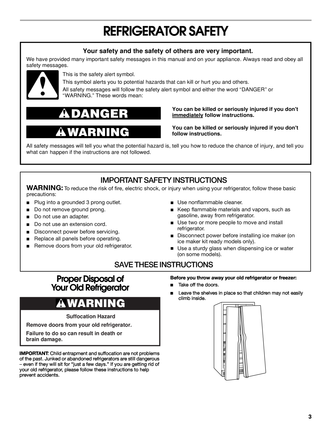 Whirlpool 2188766 Refrigerator Safety, Suffocation Hazard Remove doors from your old refrigerator, Save These Instructions 