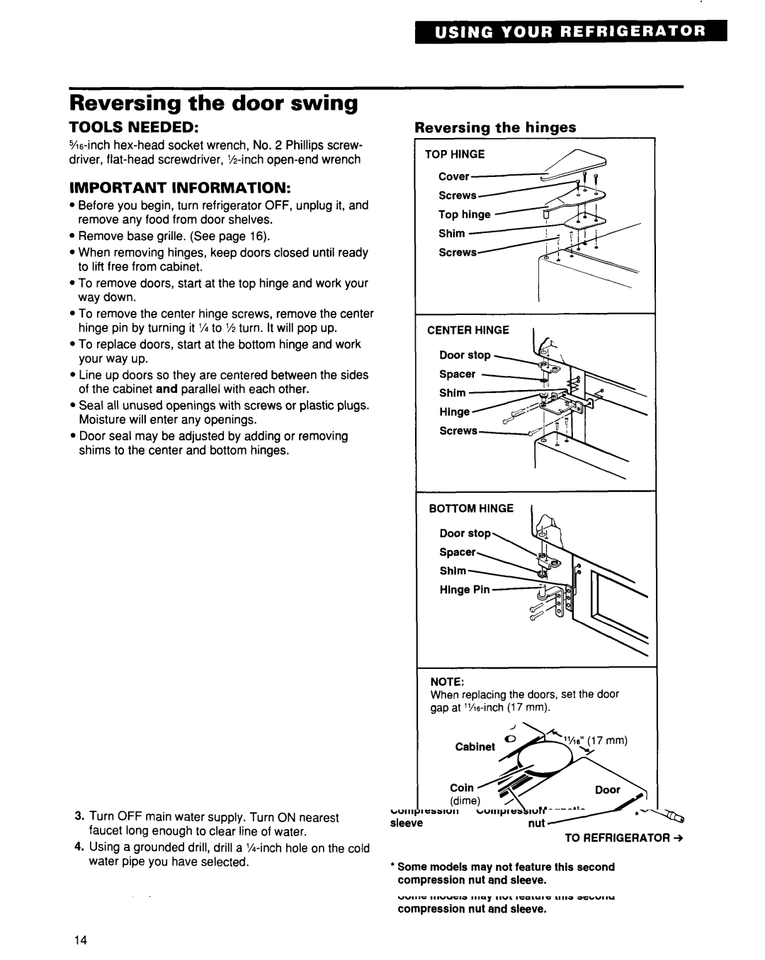 Whirlpool 2193496 warranty Reversing the door swing, Reversing the hinges, Bottom Hinge 