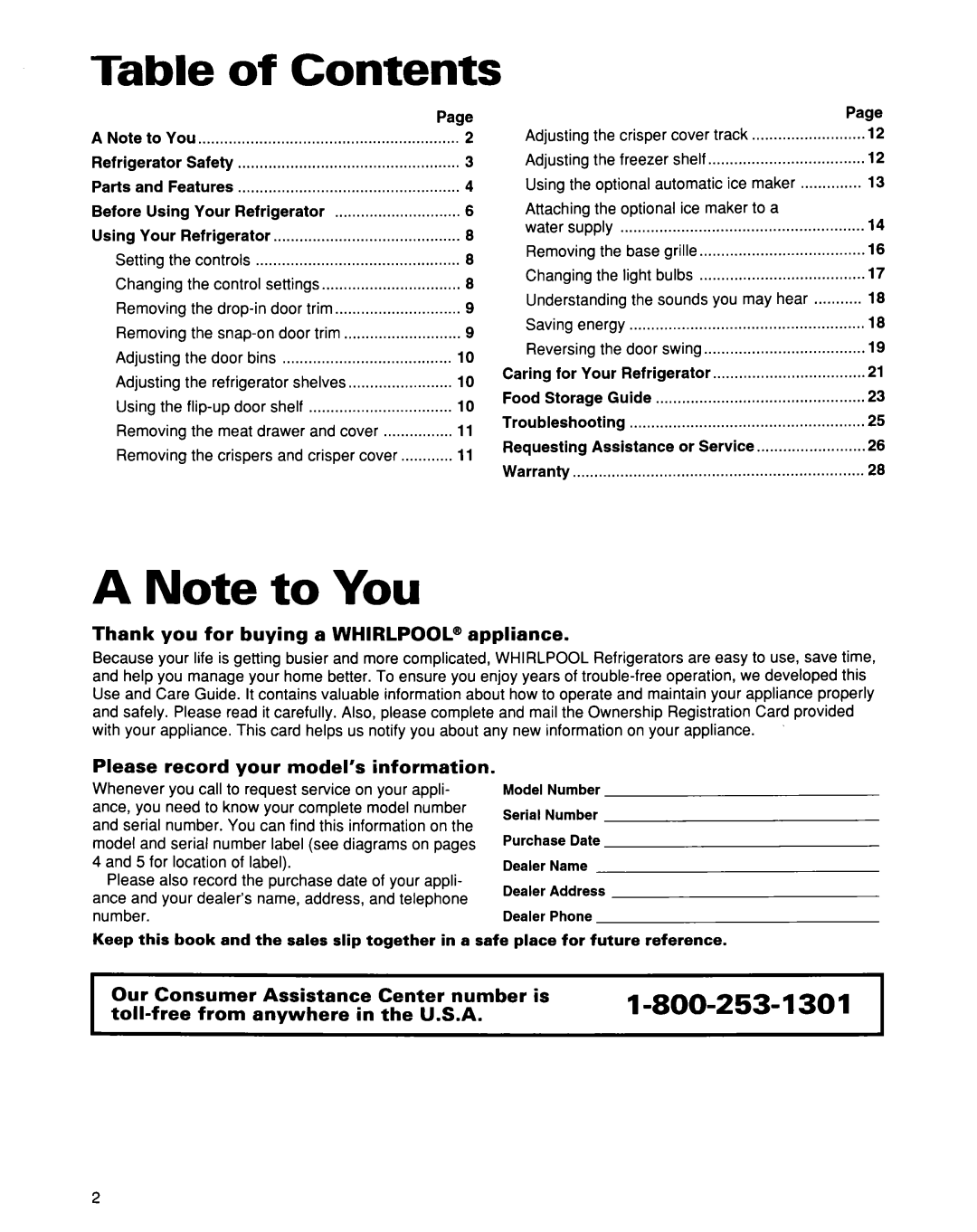 Whirlpool 2193496 warranty Contents 