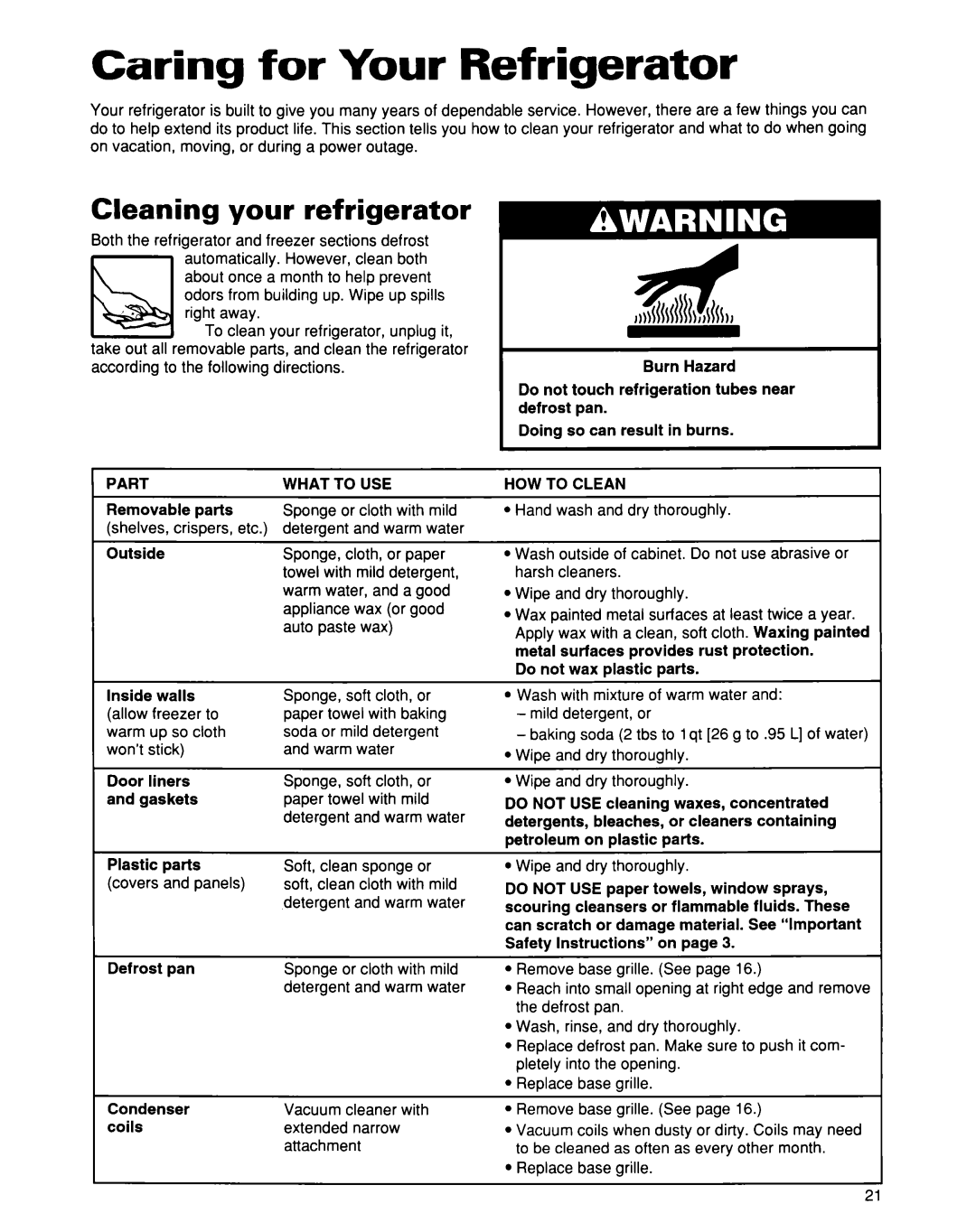 Whirlpool 2193496 warranty Caring for Your Refrigerator, ‘ART What To USE, HOW to Clean 