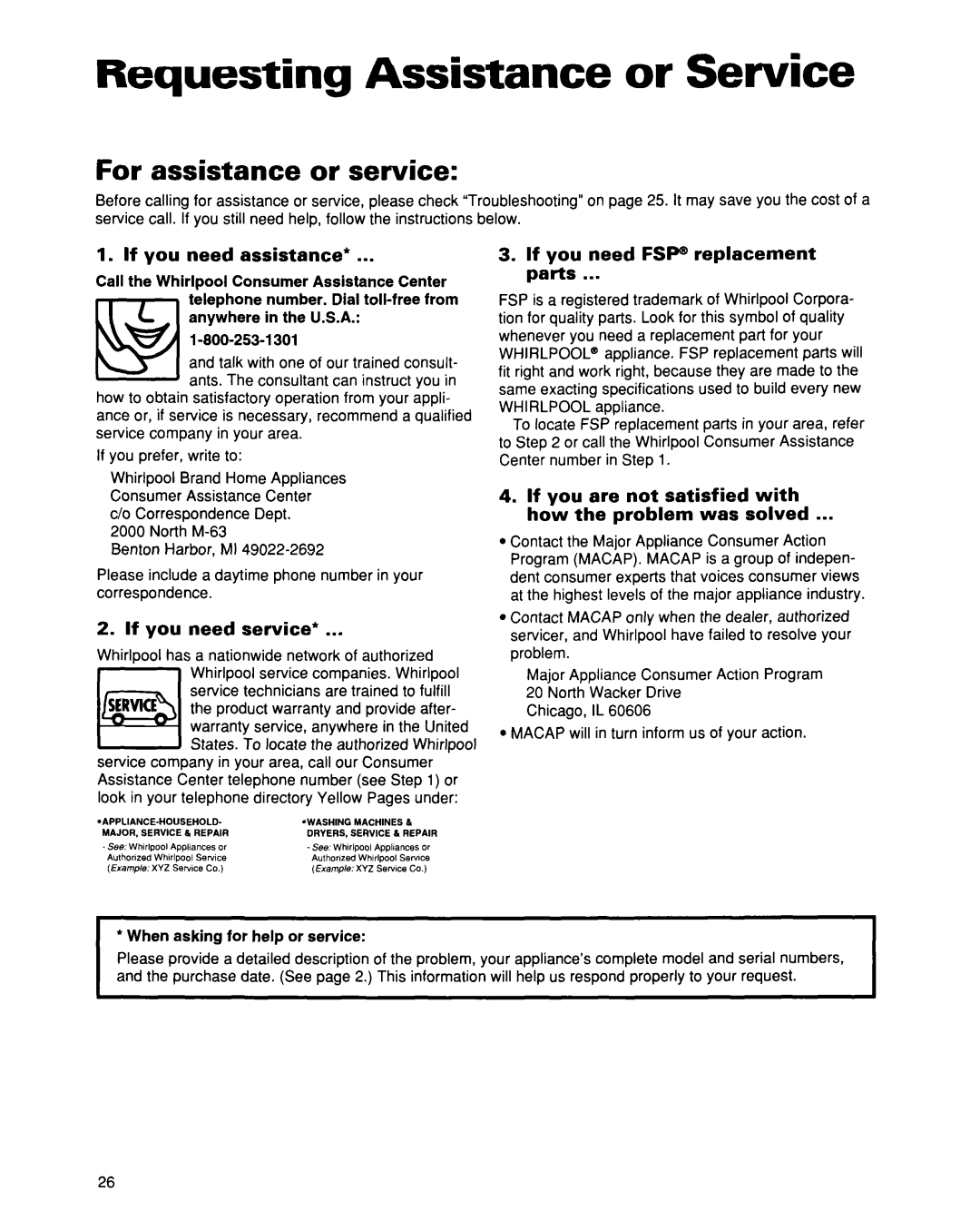 Whirlpool 2193496 warranty Requesting Assistance or service, For assistance or service 