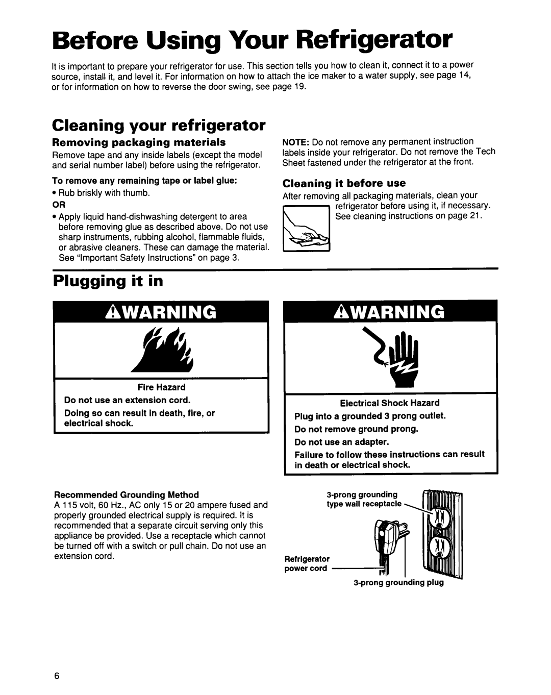 Whirlpool 2193496 Before Using Your Refrigerator, Cleaning your refrigerator, Plugging it, Removing packaging materials 