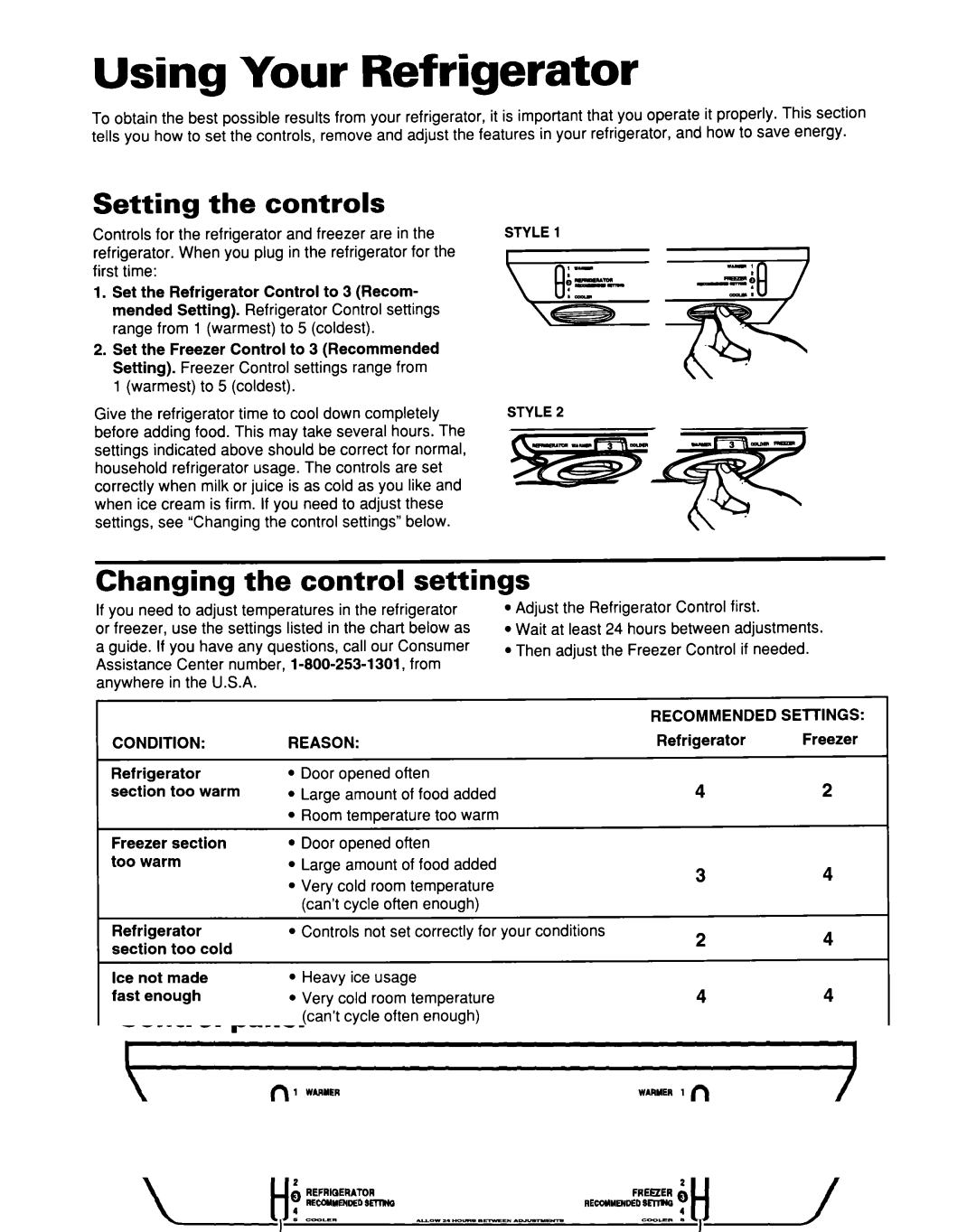 Whirlpool 2193496 warranty Using Your Refrigerator, Setting the controls, Changing the control settings, Recommended 