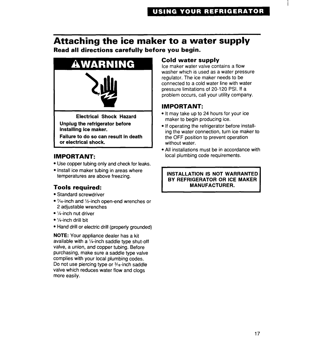 Whirlpool 2194182 warranty Attaching the ice maker to a water supply, Tools required 