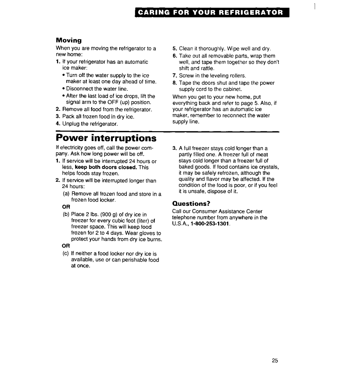 Whirlpool 2194182 warranty Power interruptions, Moving, Questions? 