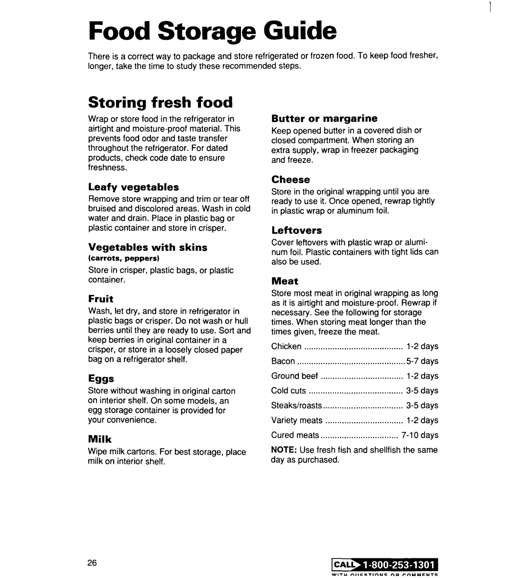 Whirlpool 2194182 warranty Food Storage Guide, Storing fresh food 