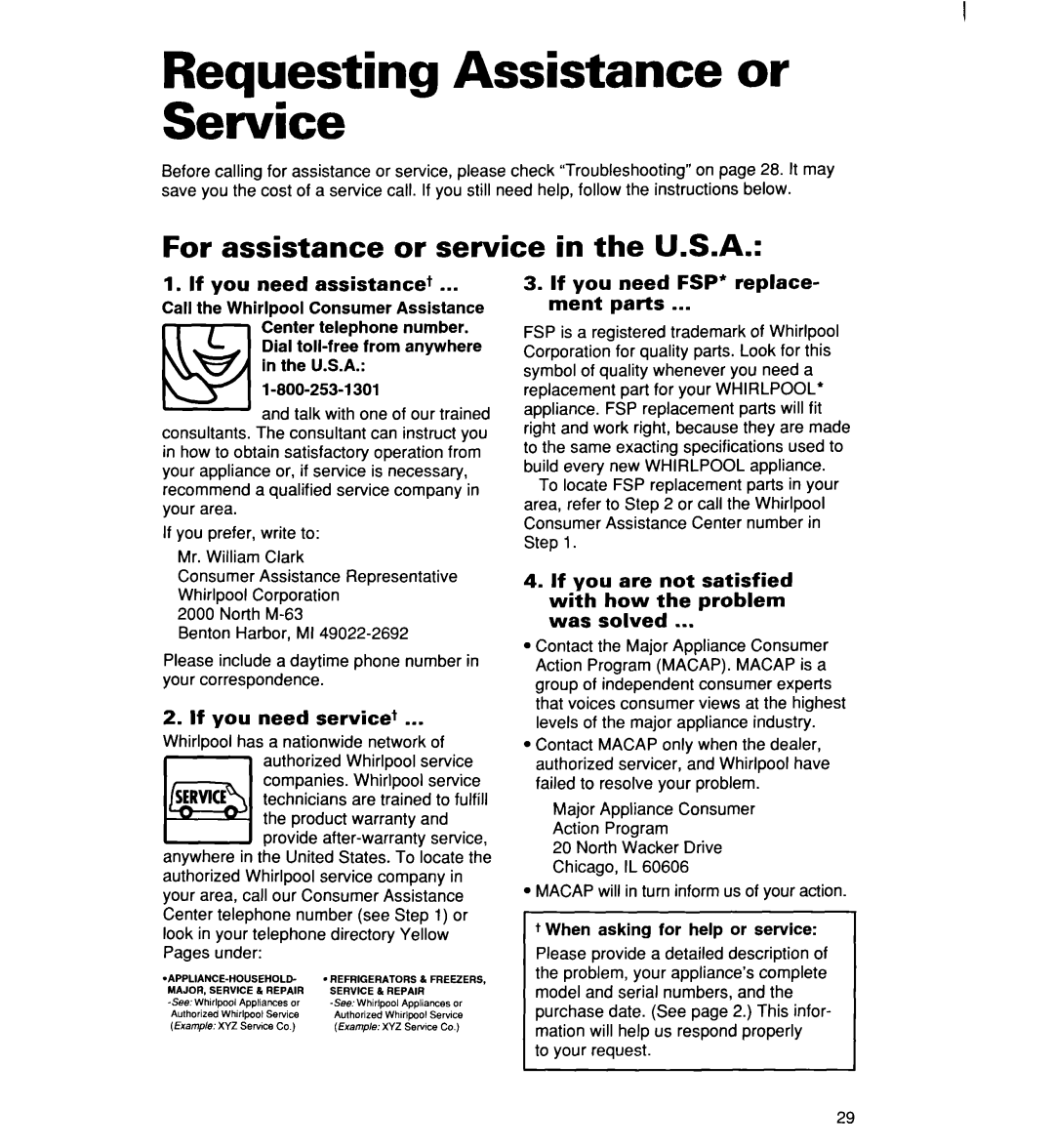 Whirlpool 2194182 warranty Requesting Assistance or Service, For assistance or service in the U.S.A 