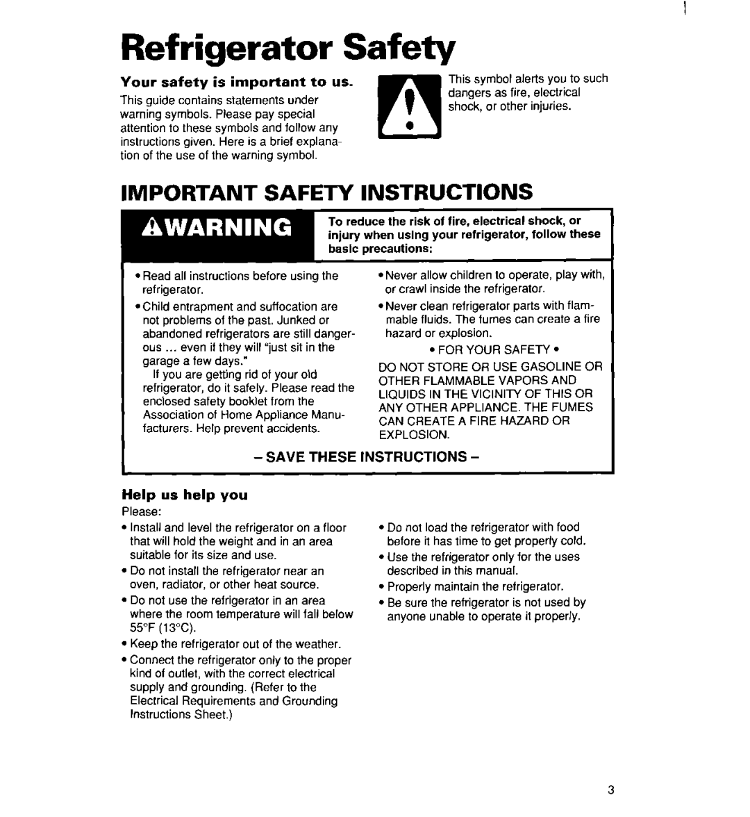 Whirlpool 2194182 warranty Refrigerator Safety, Your safety is important to us, Help us help you 