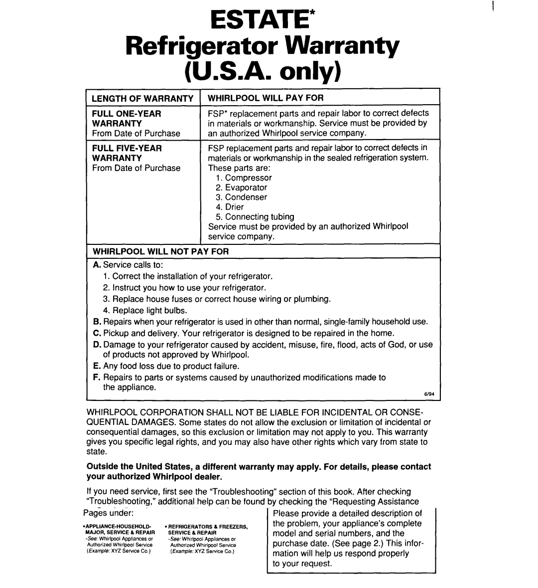 Whirlpool 2194182 warranty Refrigerator Warranty U.S.A. only, Length of Warranty, Whirlpool will PAY for 