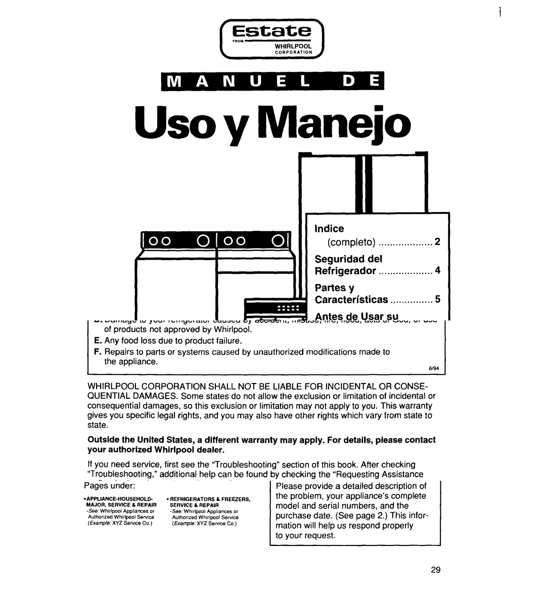 Whirlpool 2194182 warranty Uso y Manejo 