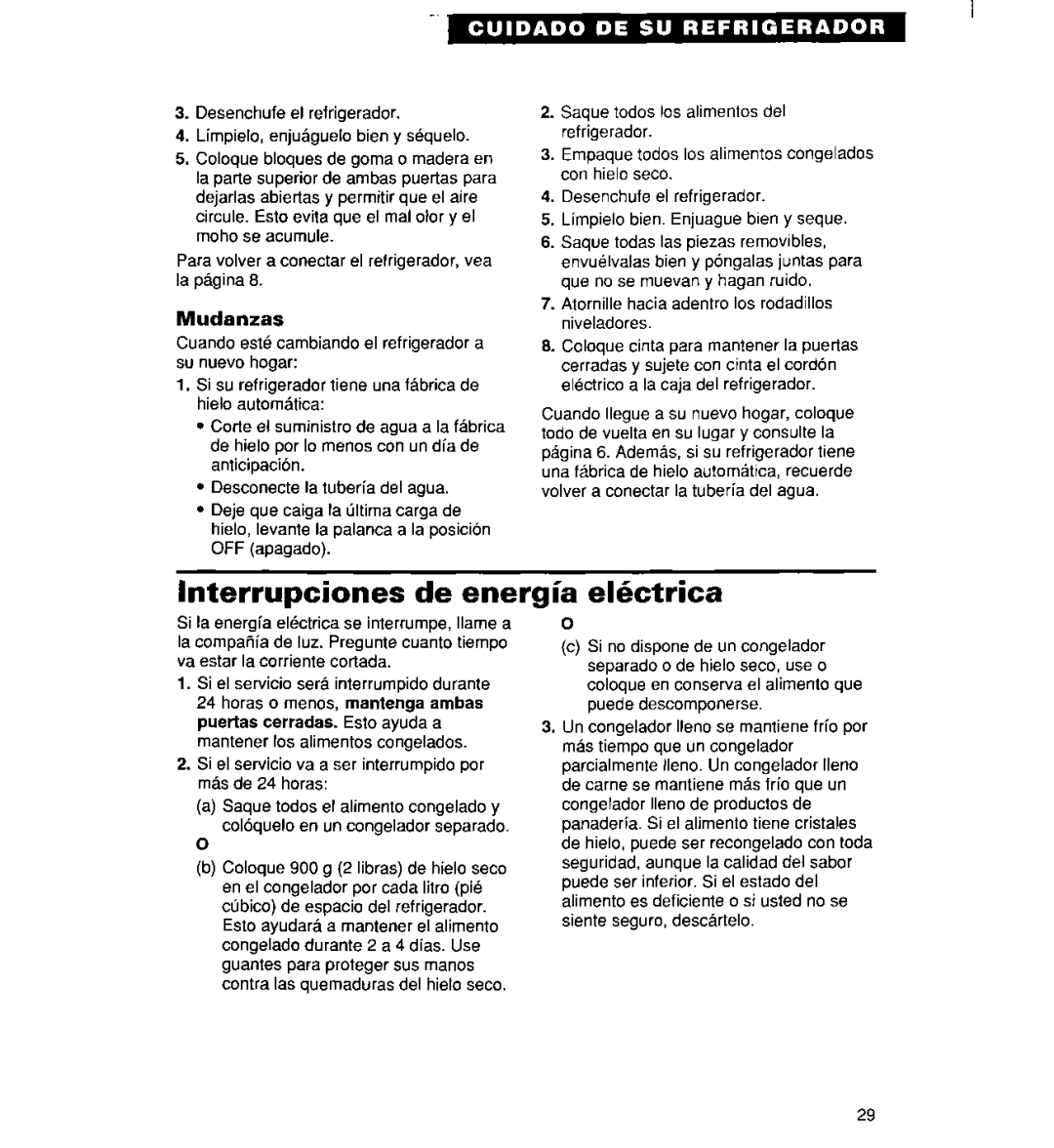 Whirlpool 2194182 warranty Lnterrupciones de energia ektrica, Mudanzas 