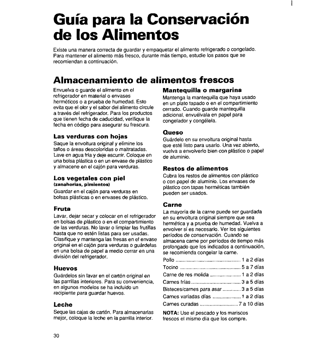 Whirlpool 2194182 warranty Gul’a para la Conservacih de 10s Alimentos, Almacenamiento de alimentos frescos 