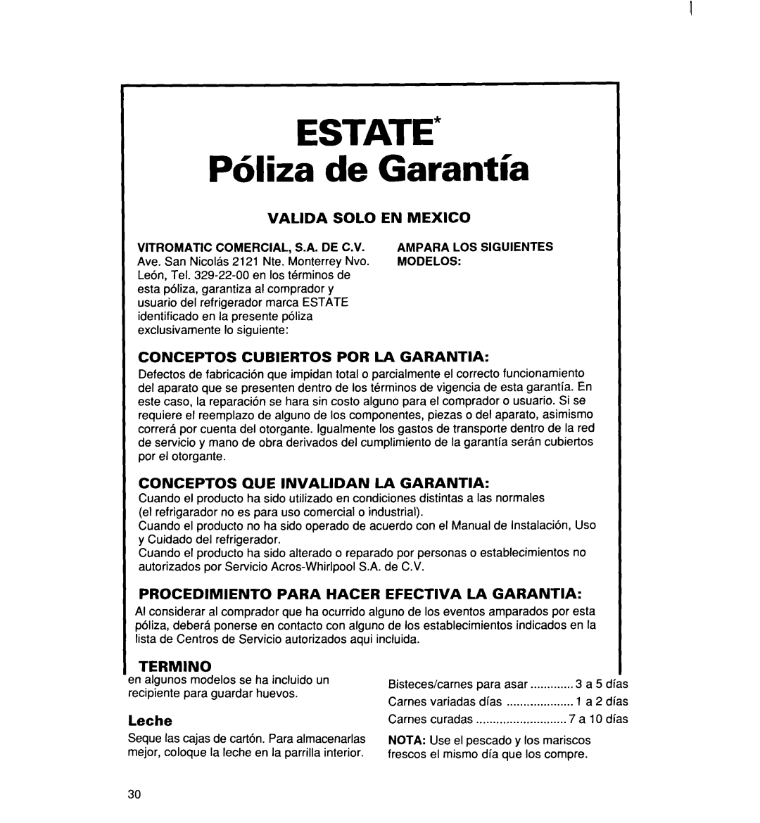 Whirlpool 2194182 warranty Garantl’a, Conceptos Cubiertos Pot? LA Garantia, Solo, Vitromatic Comercial, Modelos 