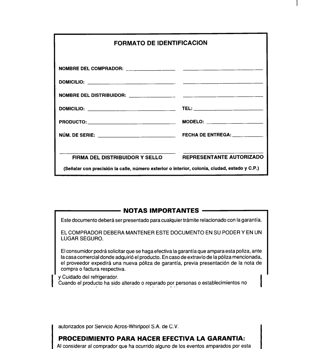 Whirlpool 2194182 warranty FORMAT0 DE Identificacion, Firma DEL Distribuidor Y SELL0 