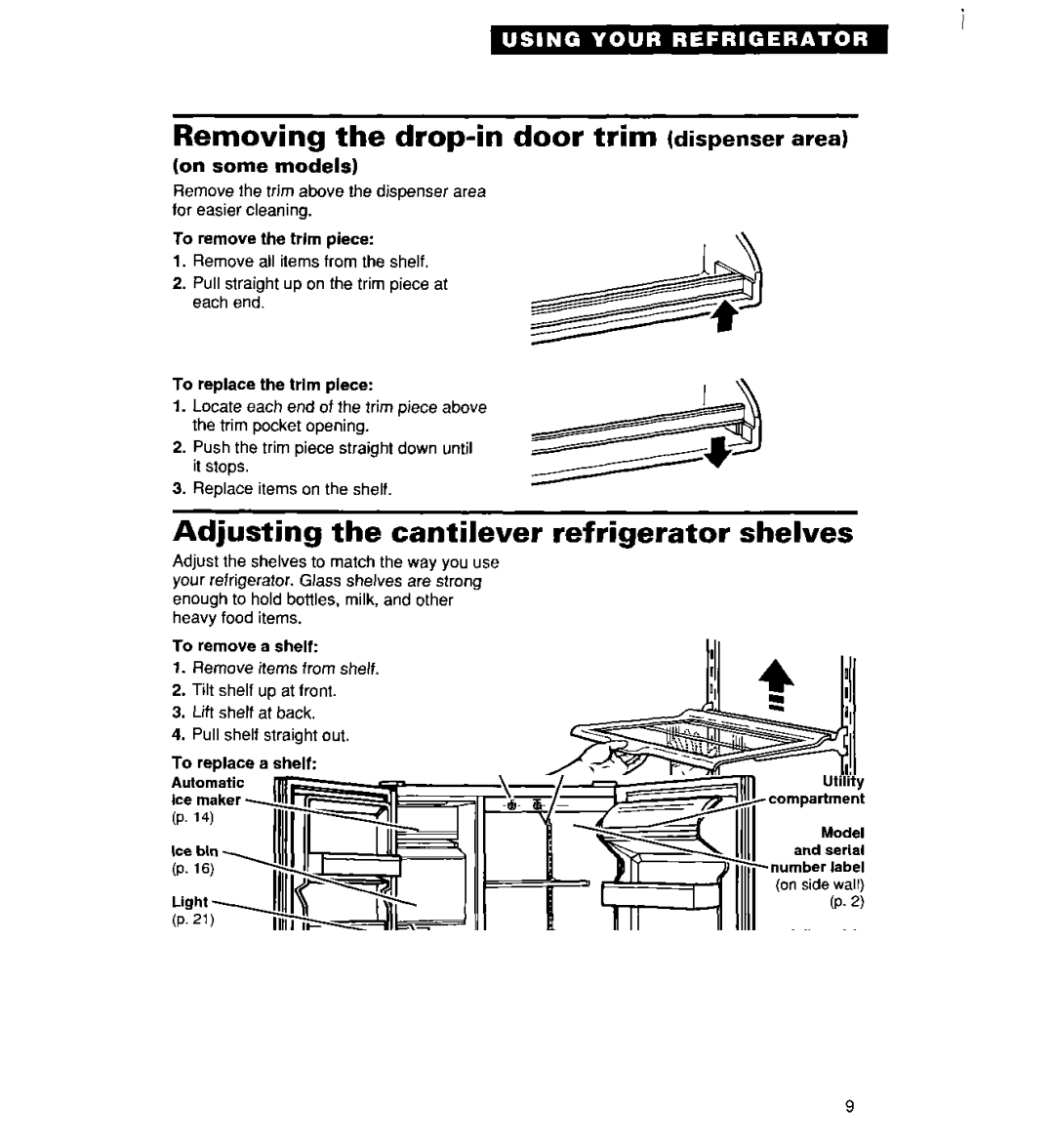 Whirlpool 2194182 warranty Removing the drop-in door trim dispenser area, Adjusting the cantilever, Refrigerator shelves 