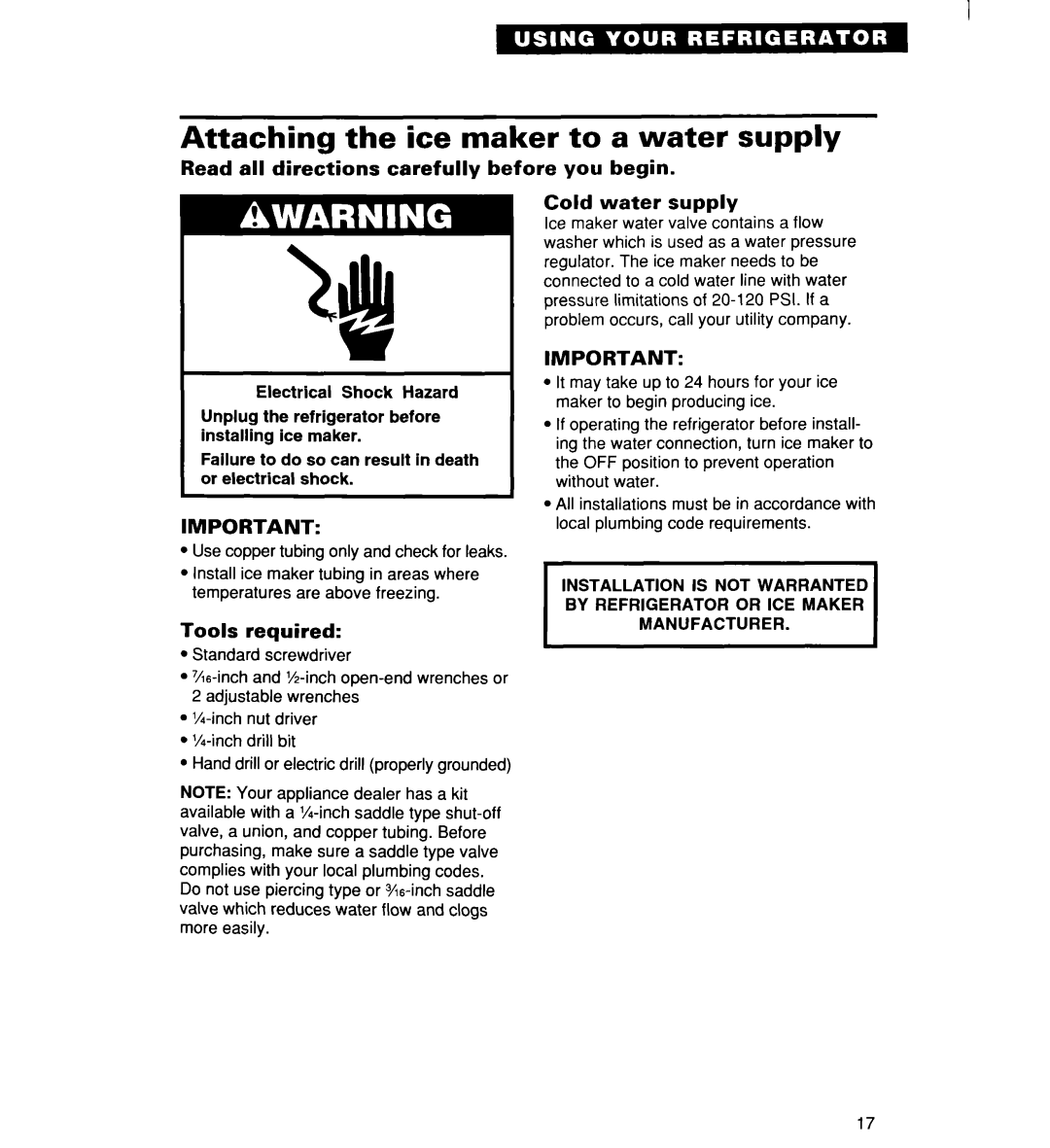 Whirlpool 2194182 warranty Attaching the ice maker to a water supply, Read all directions carefully before you begin 
