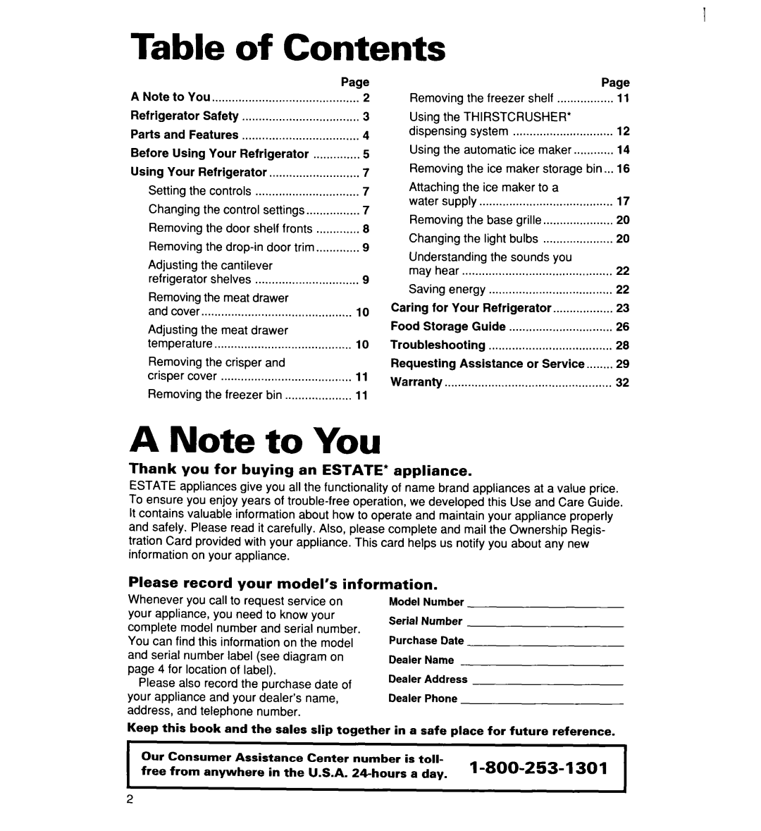 Whirlpool 2194182 warranty Table, Contents, A Note to You, Thank you for buying an ESTATE* appliance, 1-800-253-1301 