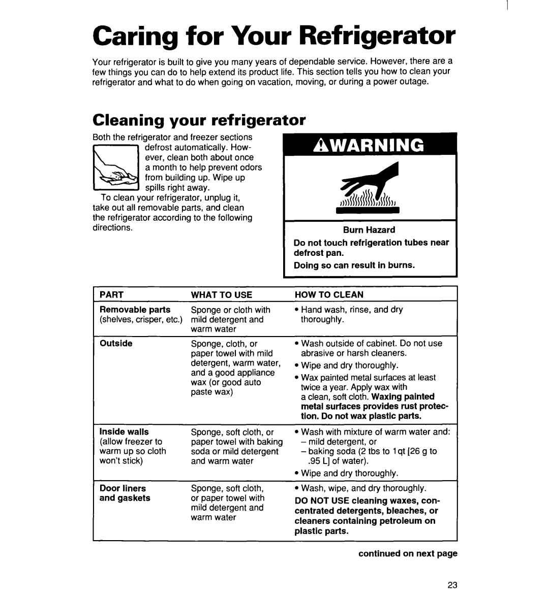 Whirlpool 2194182 warranty Caring for Your Refrigerator, Cleaning your refrigerator 