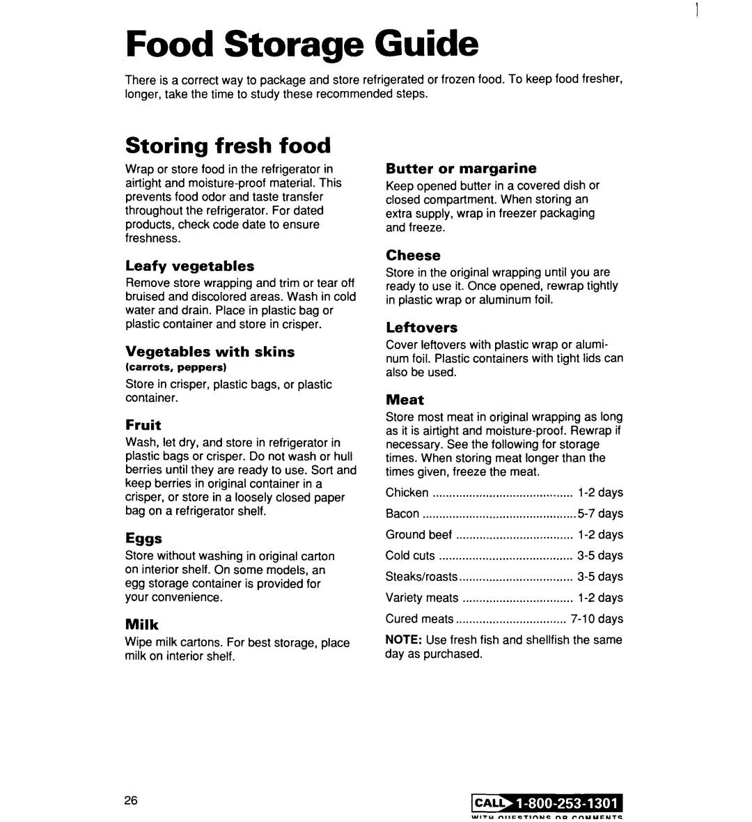 Whirlpool 2194182 Food Storage Guide, Storing fresh food, Leafy vegetables, Vegetables with skins, Fruit, Milk, Cheese 