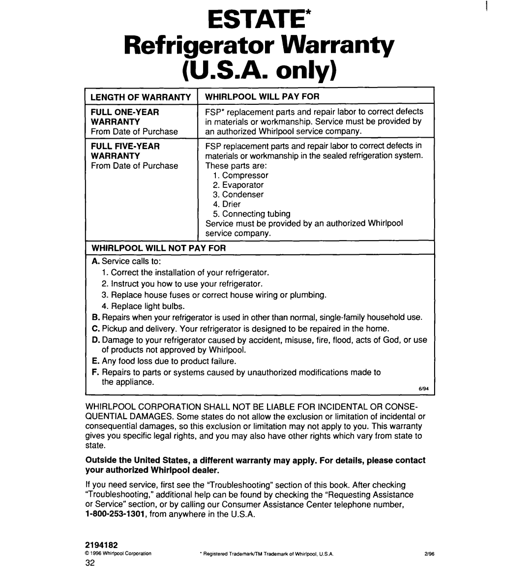 Whirlpool 2194182 warranty ESTATE Refrigerator Warranty U.S.A. only 