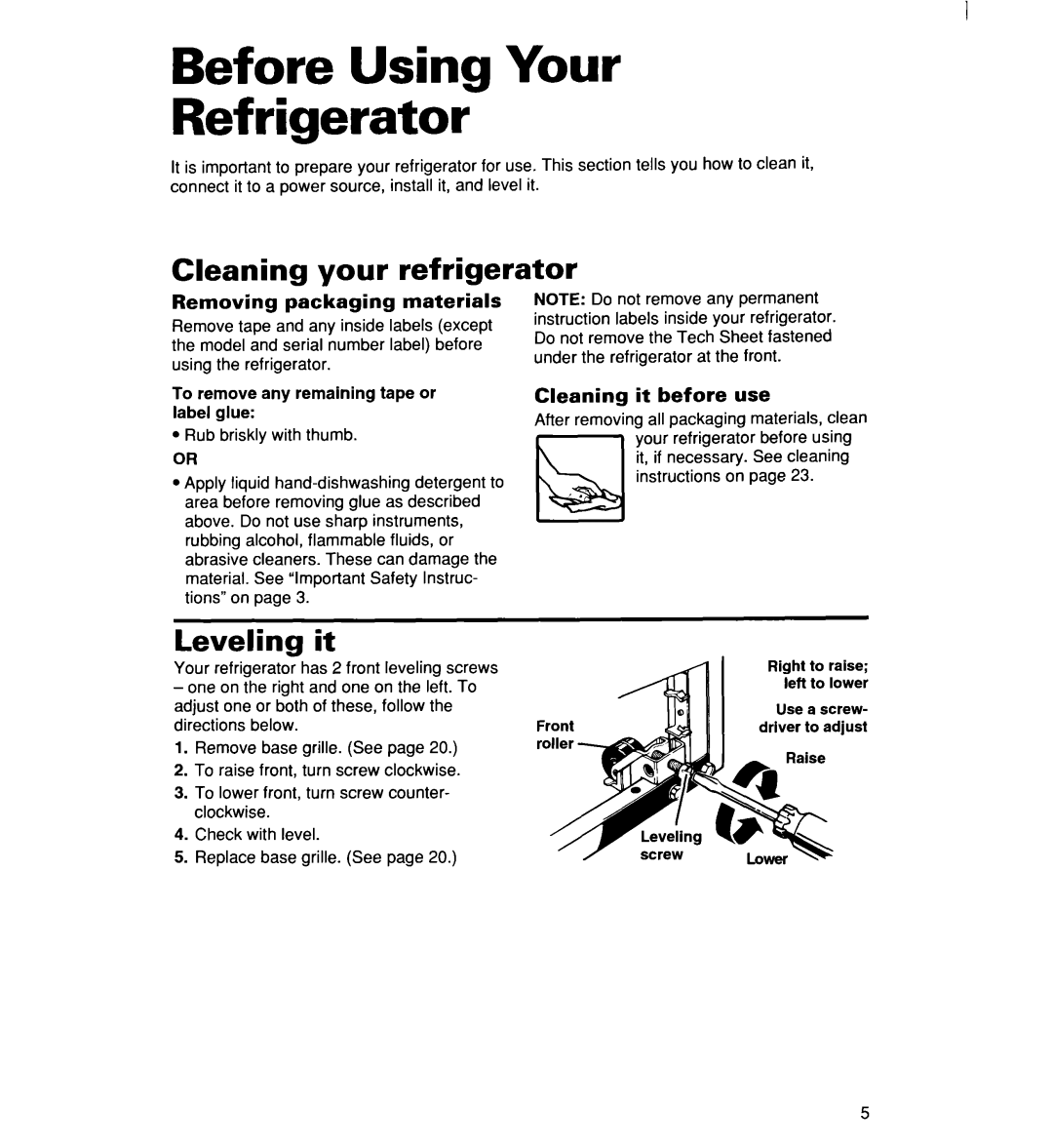 Whirlpool 2194182 Before Using Your Refrigerator, Cleaning your refrigerator, Leveling it, Removing packaging materials 