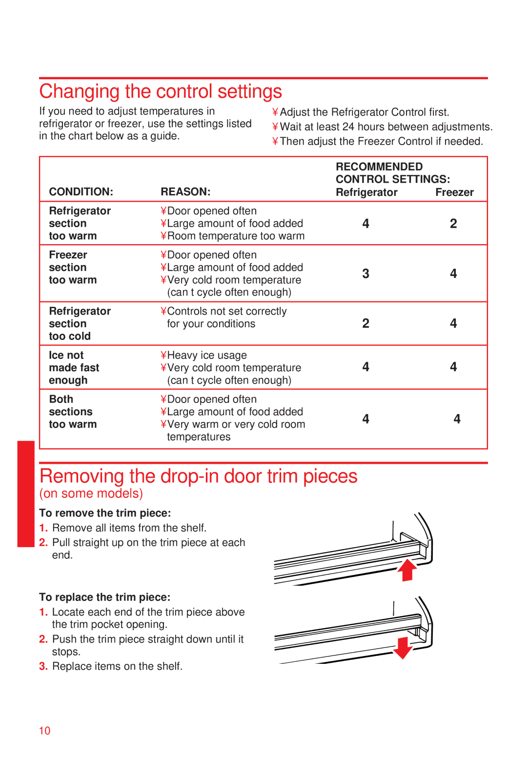 Whirlpool 2195258 manual Changing the control settings, Removing the drop-in door trim pieces 