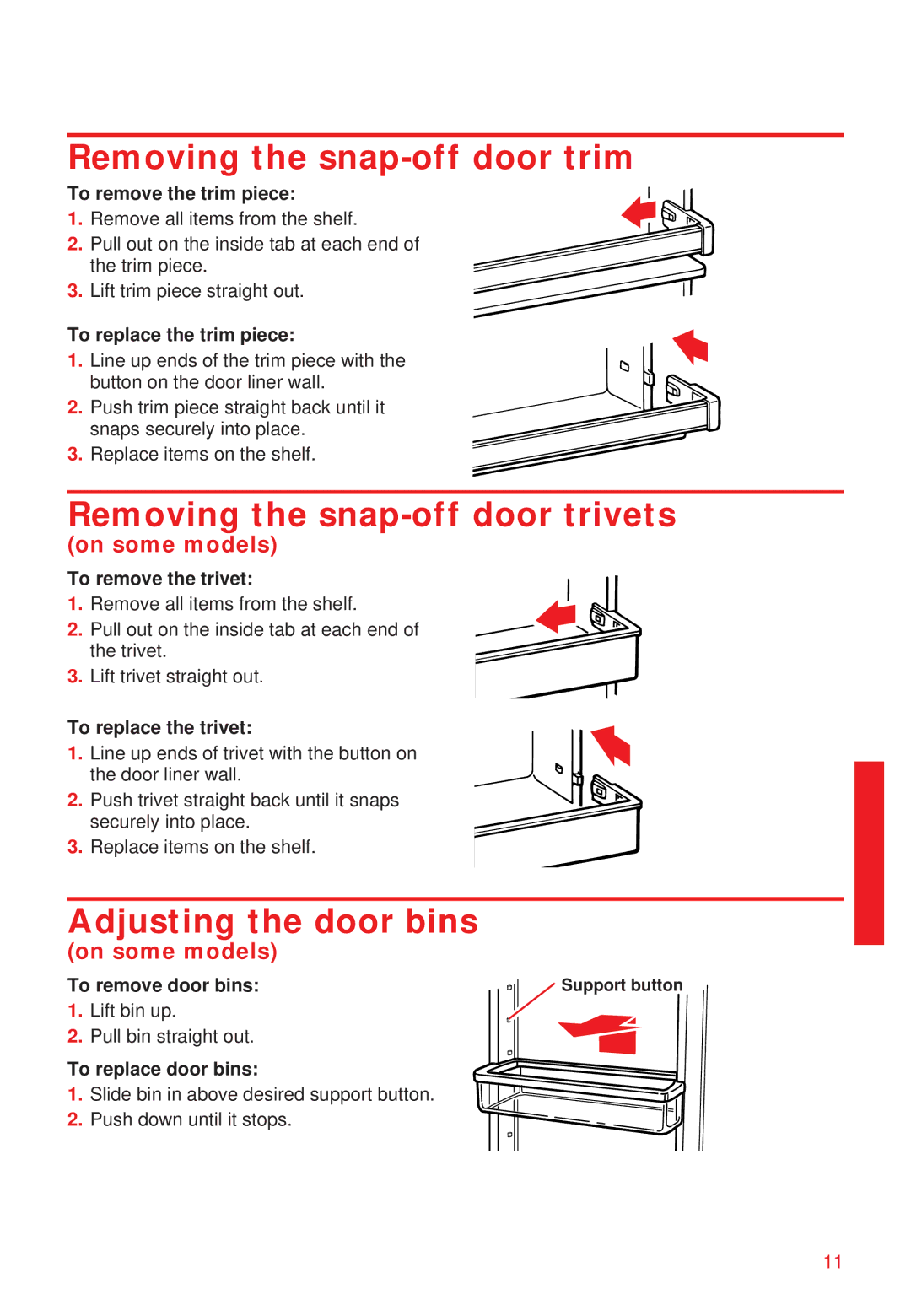 Whirlpool 2195258 manual Removing the snap-off door trim, Removing the snap-off door trivets, Adjusting the door bins 