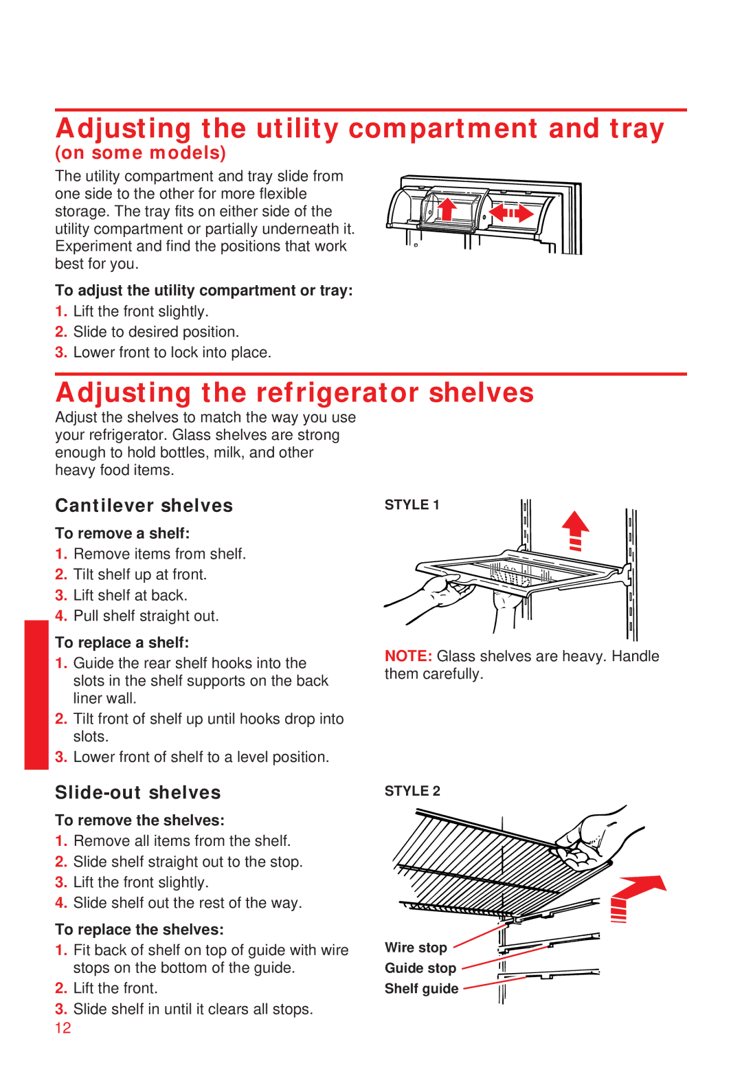 Whirlpool 2195258 manual Adjusting the utility compartment and tray, Adjusting the refrigerator shelves, Cantilever shelves 