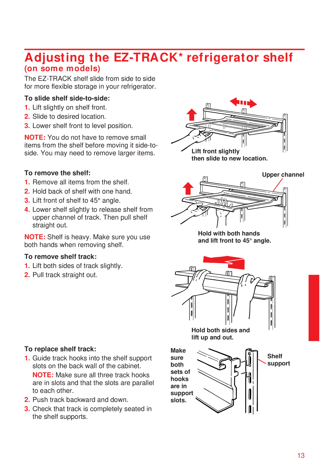 Whirlpool 2195258 manual Adjusting the EZ-TRACK*refrigerator shelf, To slide shelf side-to-side, To remove the shelf 