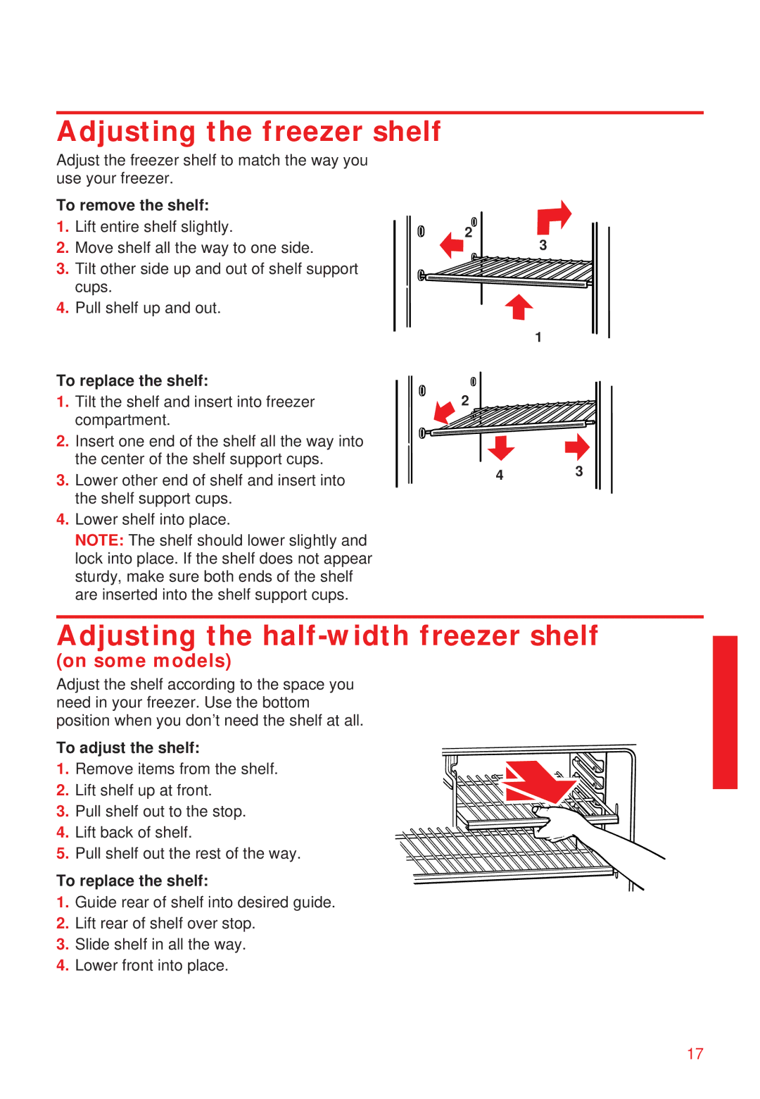 Whirlpool 2195258 manual Adjusting the freezer shelf, Adjusting the half-width freezer shelf, To replace the shelf 