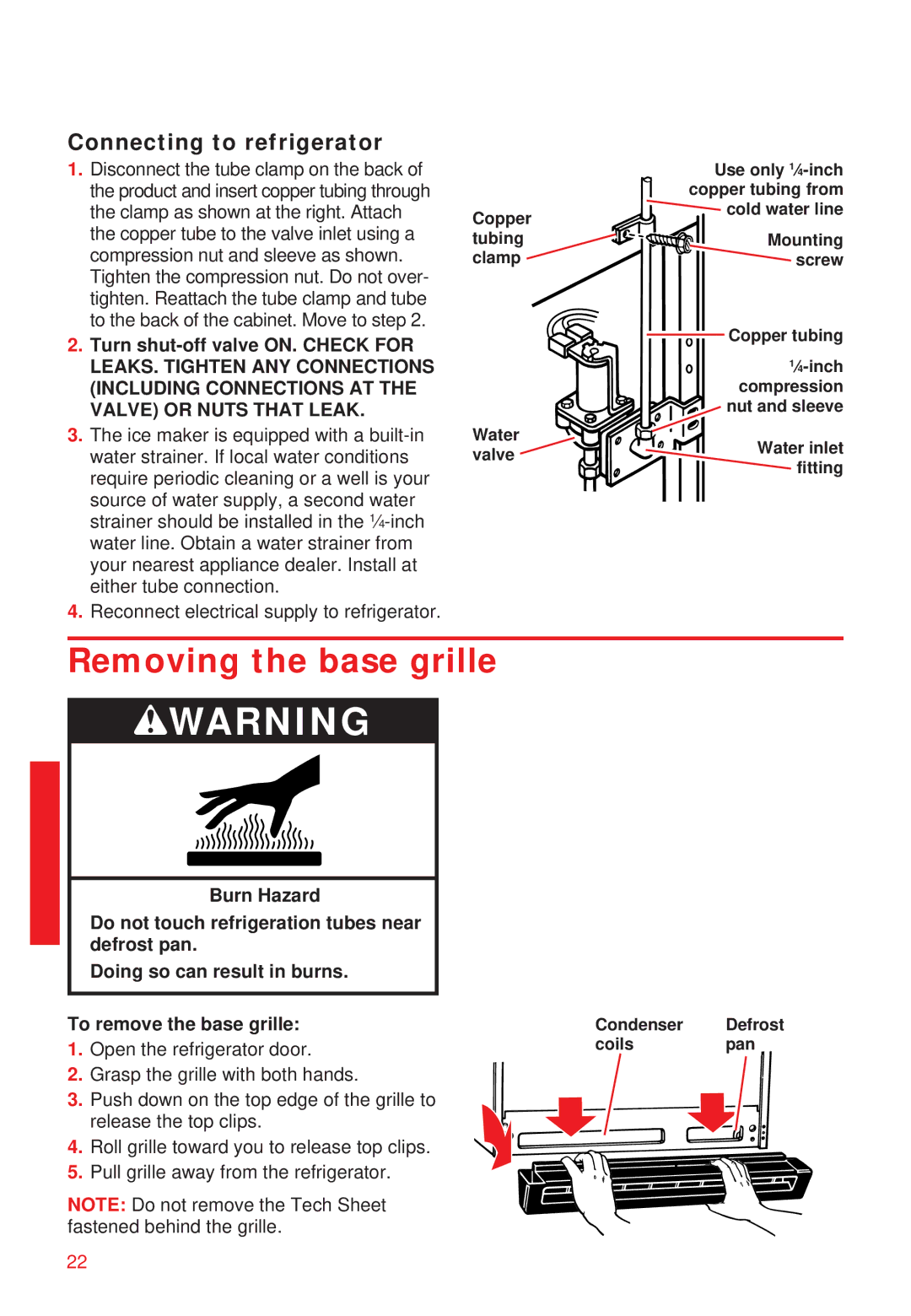 Whirlpool 2195258 manual Removing the base grille, Connecting to refrigerator 