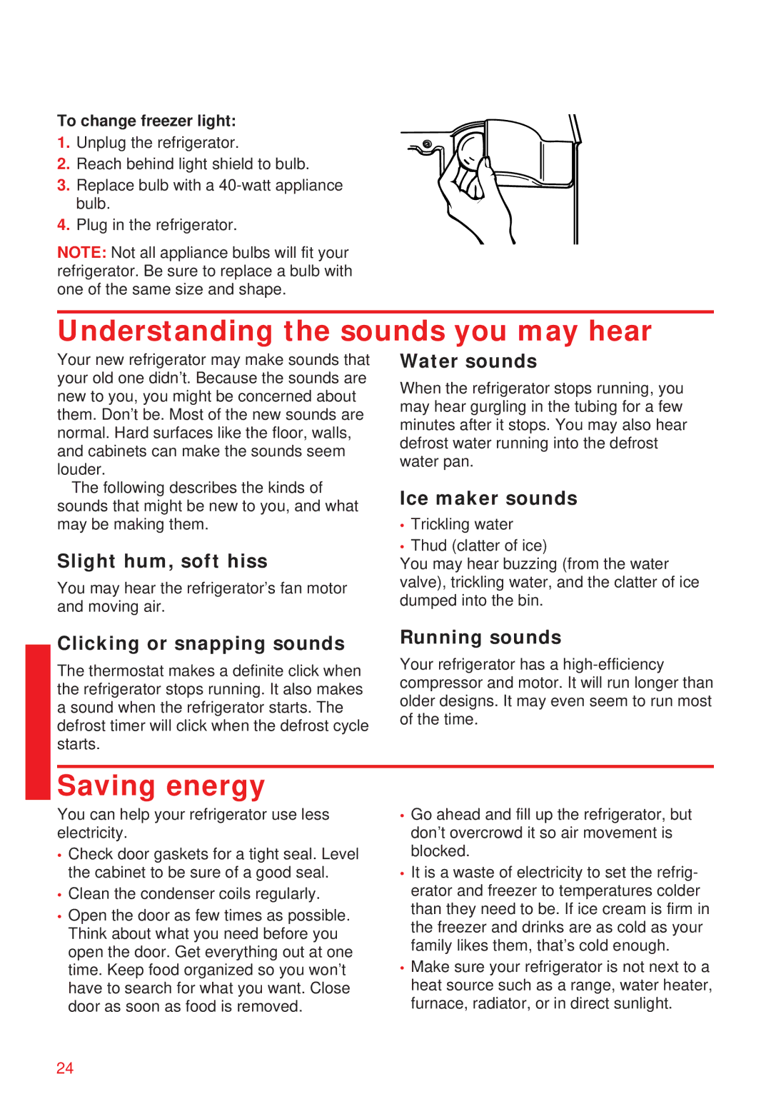 Whirlpool 2195258 manual Understanding the sounds you may hear, Saving energy 