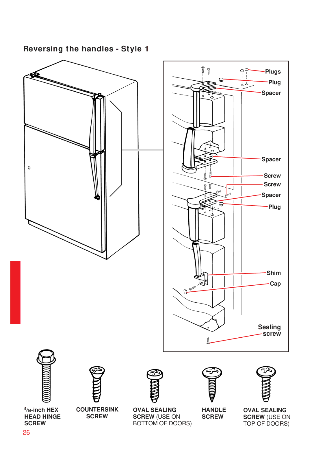 Whirlpool 2195258 manual Reversing the handles Style, Screw 