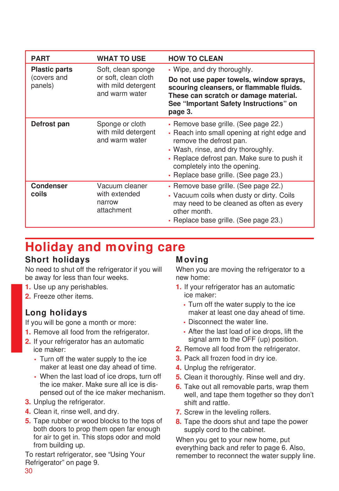 Whirlpool 2195258 manual Holiday and moving care, Short holidays, Long holidays, Moving 