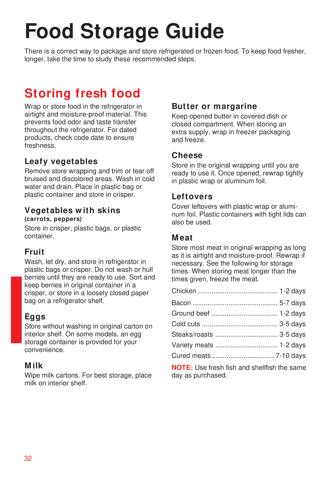 Whirlpool 2195258 manual Food Storage Guide, Storing fresh food 