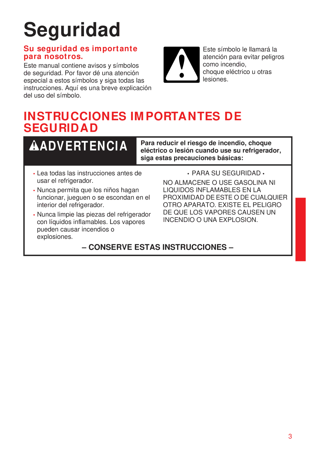 Whirlpool 2195258 Seguridad, Para reducir el riesgo de incendio, choque, Eléctrico o lesión cuando use su refrigerador 